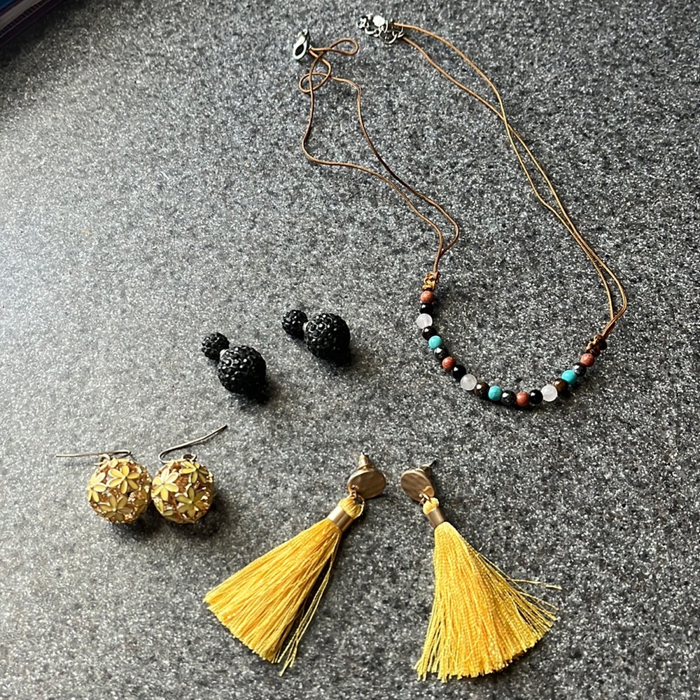 3 pairs of earrings, one necklace